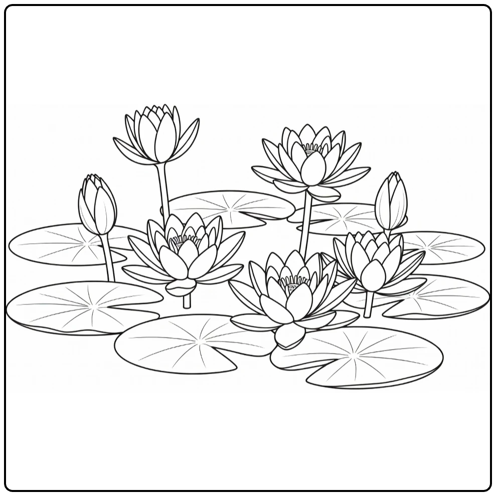 Water lily coloring page showing flowers and buds across a pond