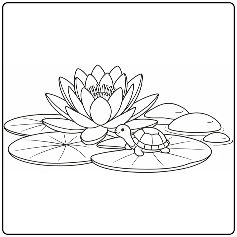 Water lily coloring page showing a turtle beside the bloom