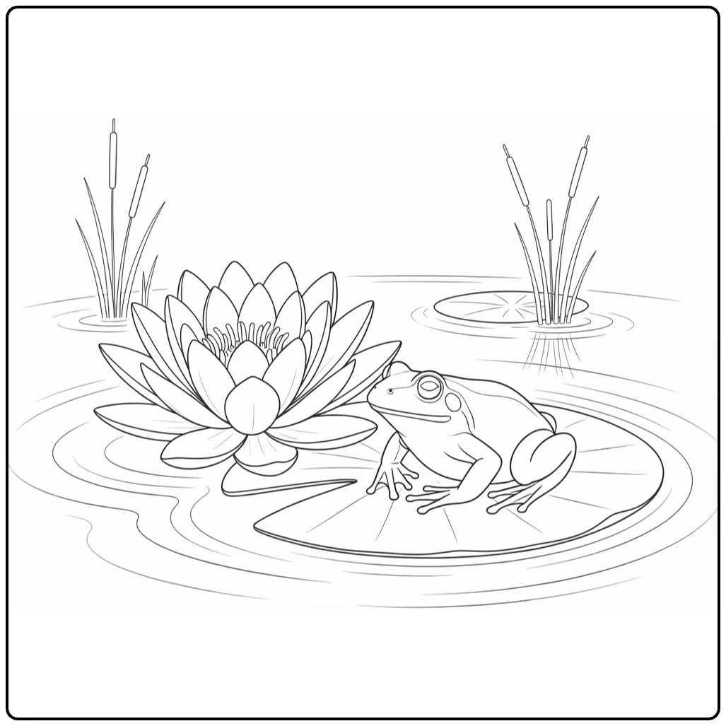 Water lily coloring page featuring a frog next to the flower