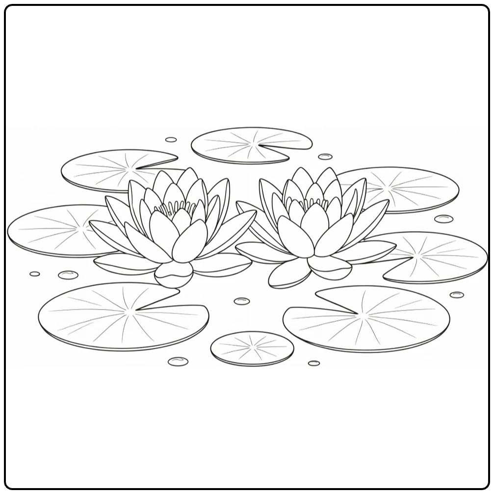 Water lily coloring page featuring two flowers and lily pads
