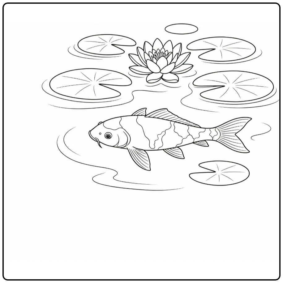 Water lily coloring page showing a koi fish swimming in the pond