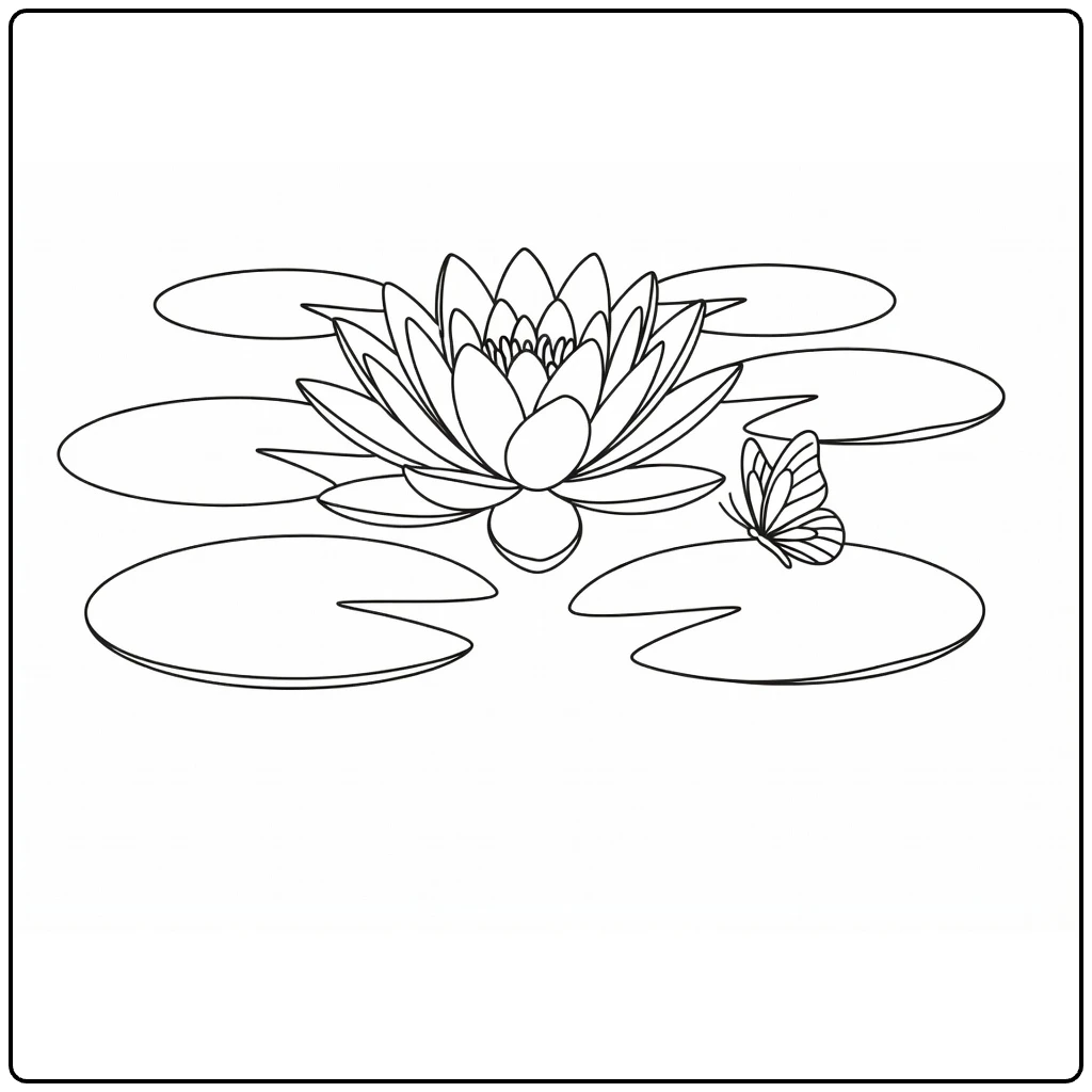 Water lily coloring page featuring a butterfly beside the flower