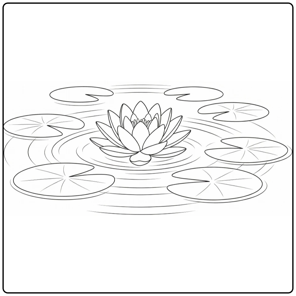 Water lily coloring page showing one flower in a peaceful pond