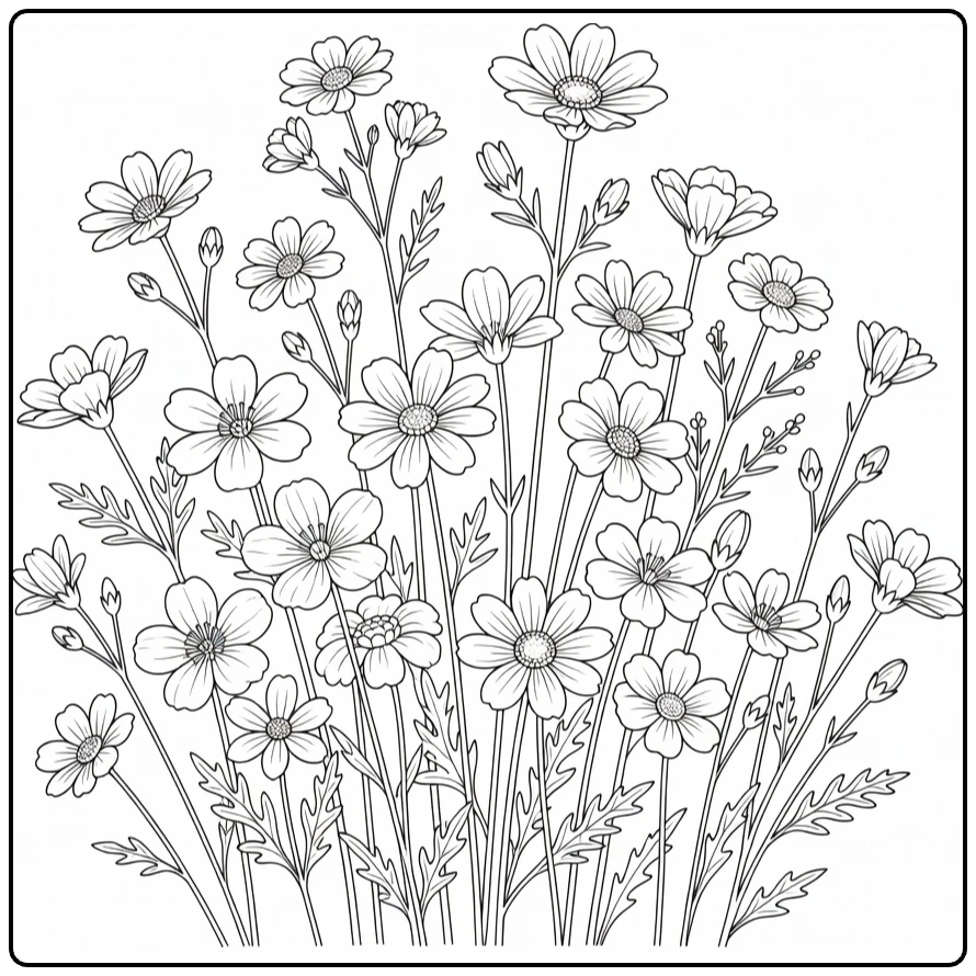 Botanical wildflower coloring page featuring a mixed flower cluster