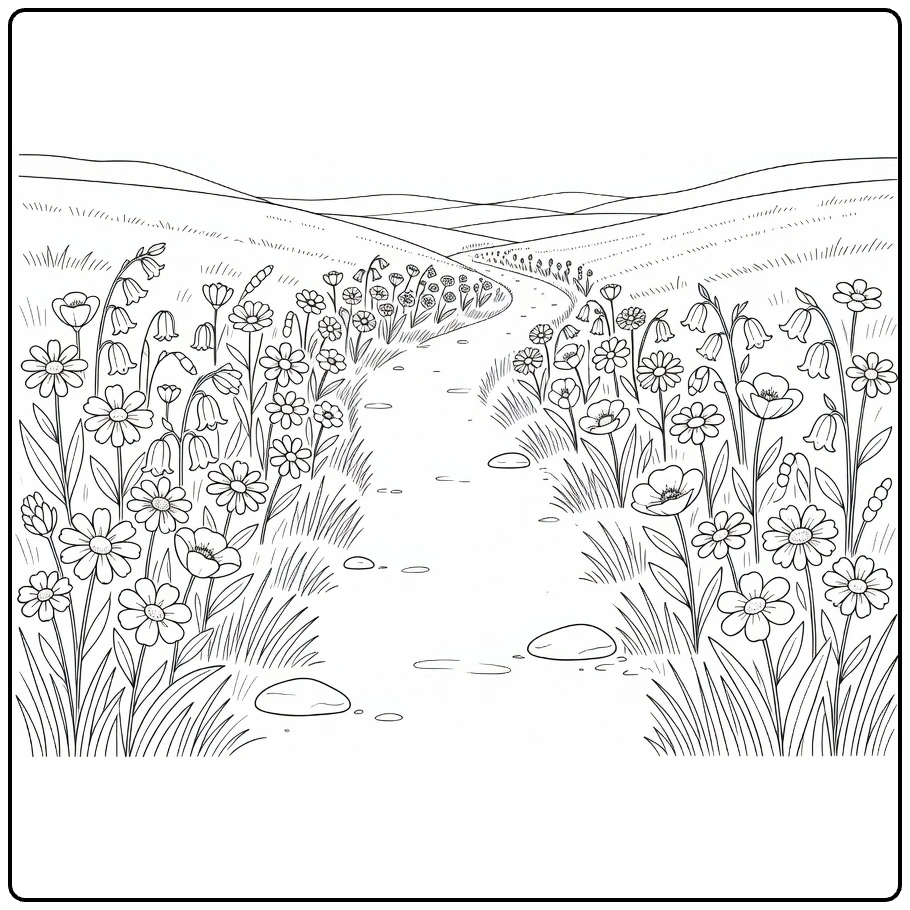 Wildflower coloring page showing a field path lined with blooms