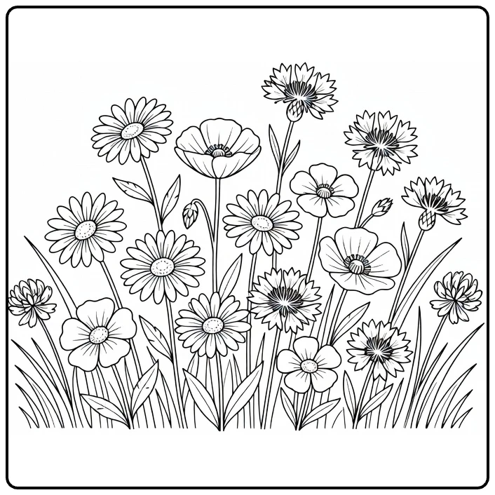 Wildflower coloring page showing mixed flowers growing in a meadow