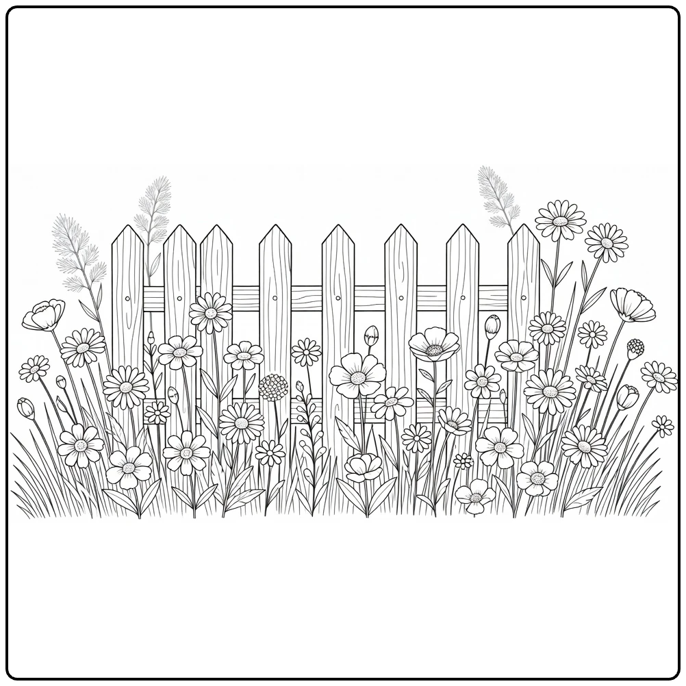 Wildflower coloring page featuring flowers beside a wooden fence