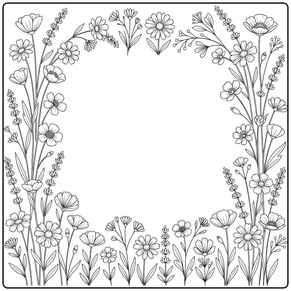 Wildflower coloring page featuring a floral border around open space