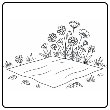 Wildflower coloring page showing a blanket in a quiet meadow