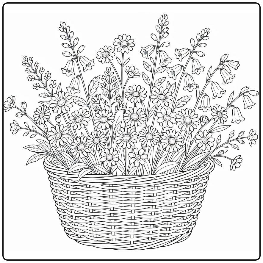 Wildflower coloring page featuring a rustic basket full of flowers