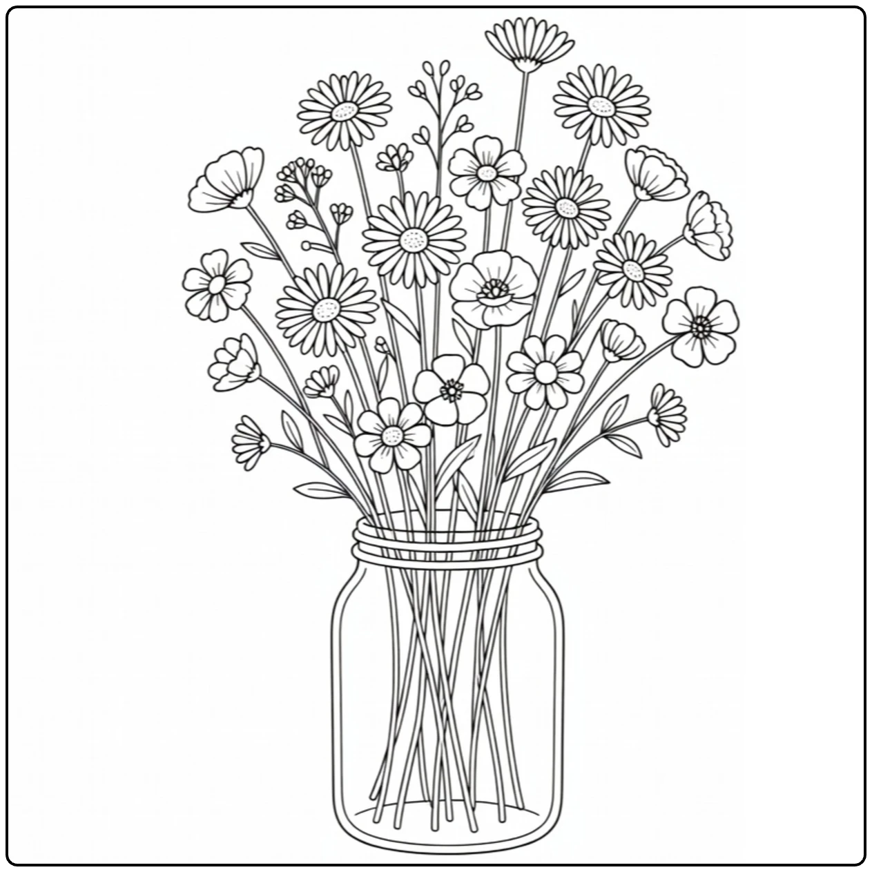 Wildflower coloring page showing a natural bouquet in a jar