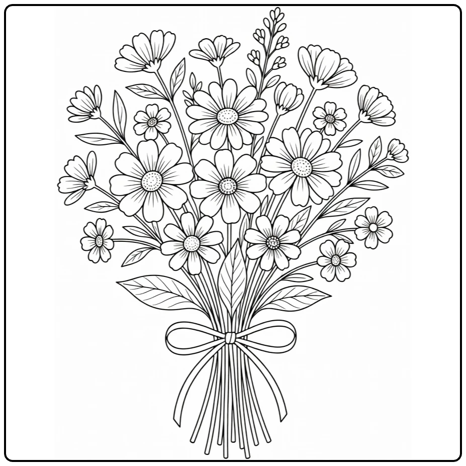 Wildflower coloring page featuring a hand-tied flower bouquet