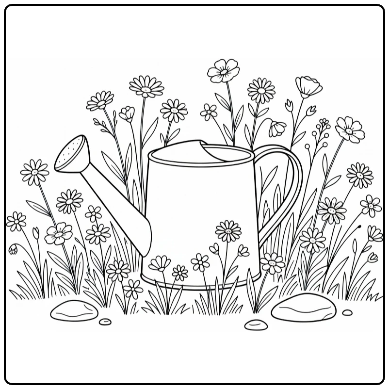 Wildflower coloring page with a watering can surrounded by flowers