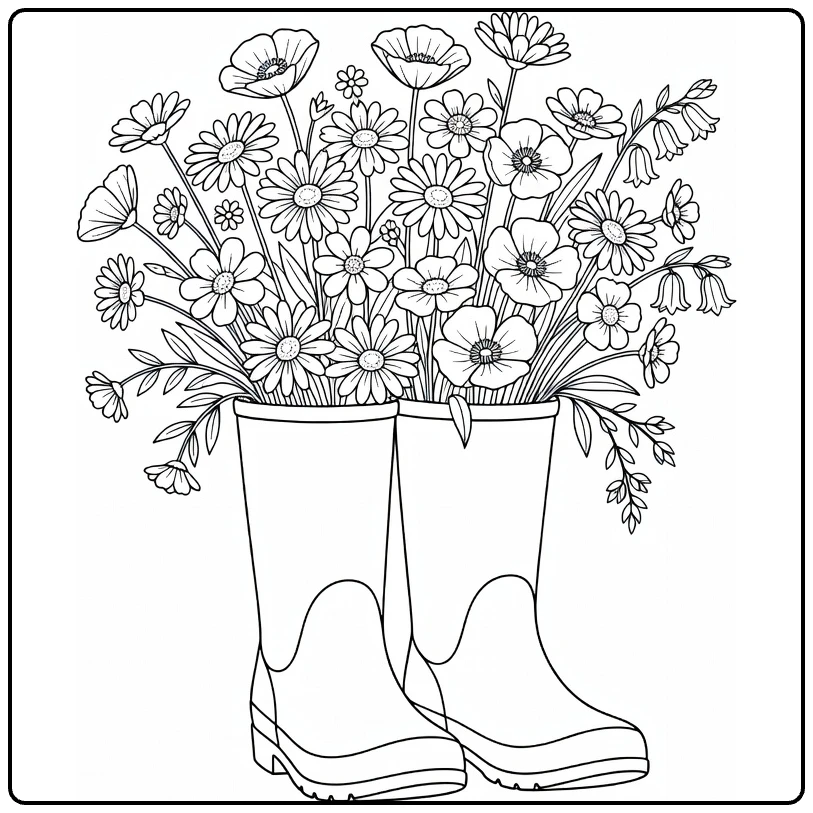 Wildflower coloring page showing rain boots used as flower planters