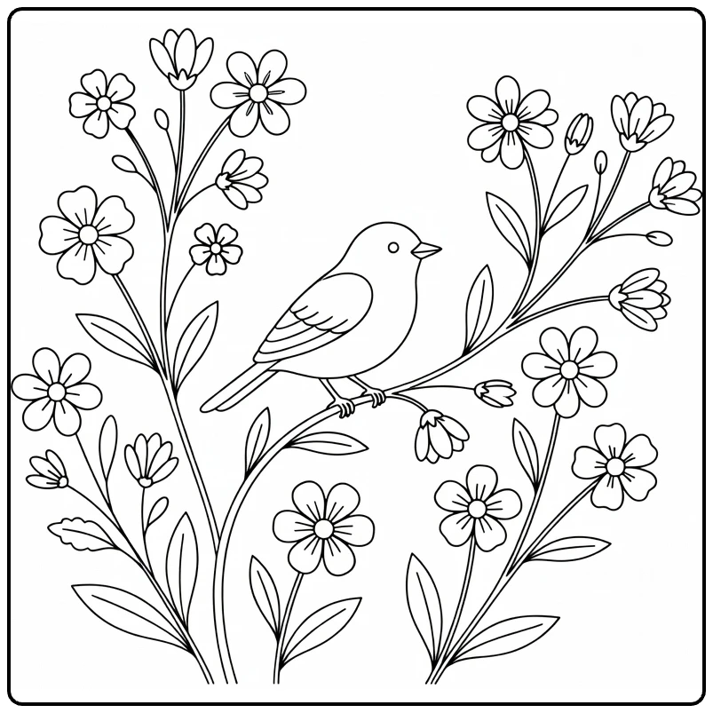 Wildflower coloring page showing a bird perched among blossoms