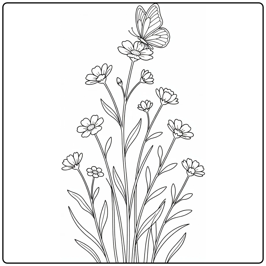 Wildflower coloring page with a butterfly perched on a tall flower