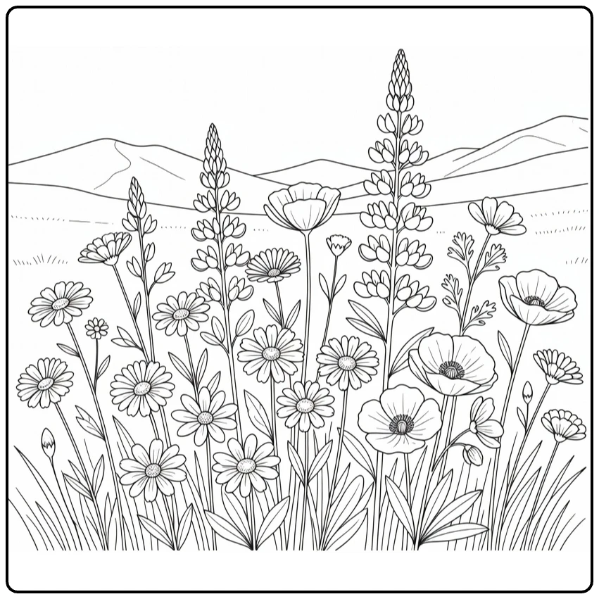 Wildflower coloring page featuring a quiet mountain meadow