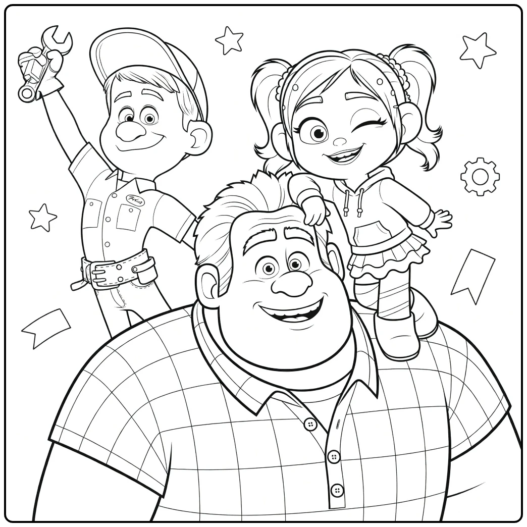 Wreck-It Ralph coloring page with Ralph, Felix, and Vanellope