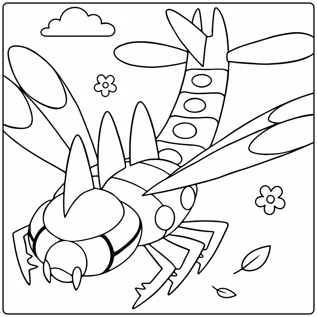 Yanmega Pokemon in Flight with Flowers coloring page