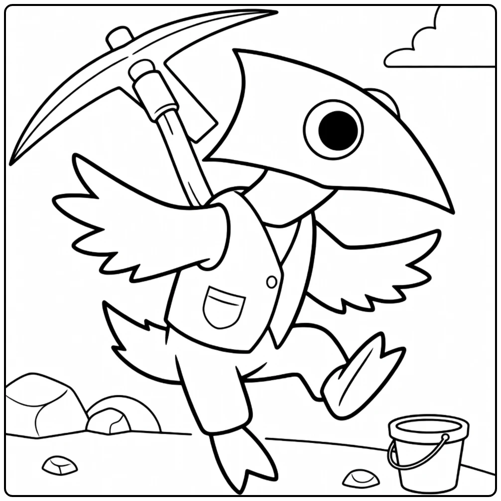 Yellow Rainbow Friends coloring page showing the bird dressed as a miner