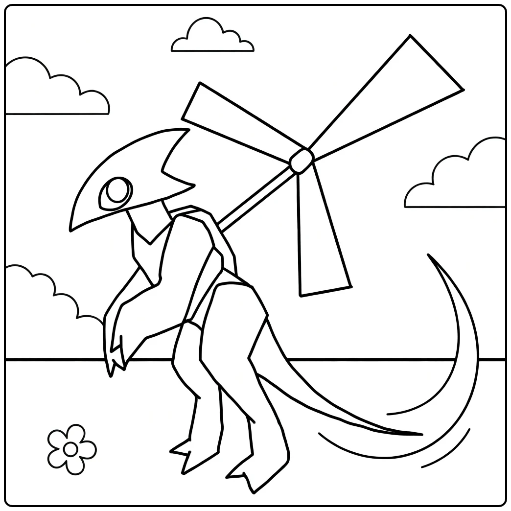 Yellow Rainbow Friends coloring page showing the character by a windmill