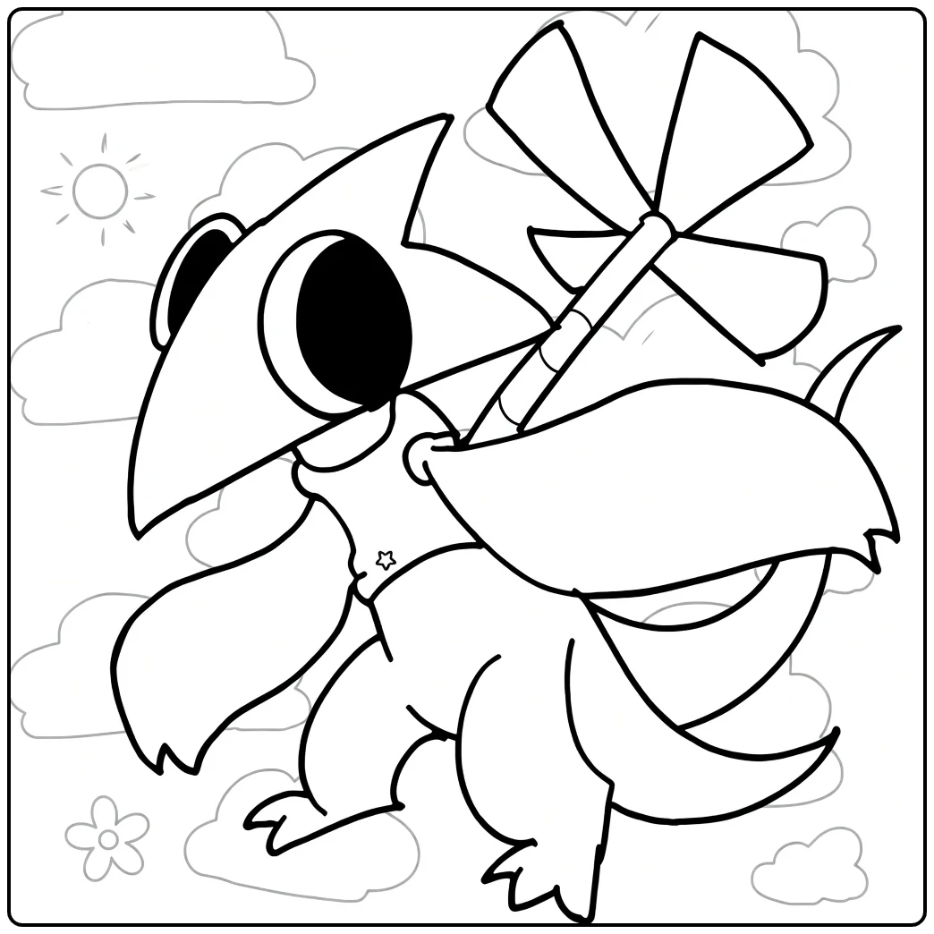 Yellow Rainbow Friends coloring page showing the bird with a pinwheel