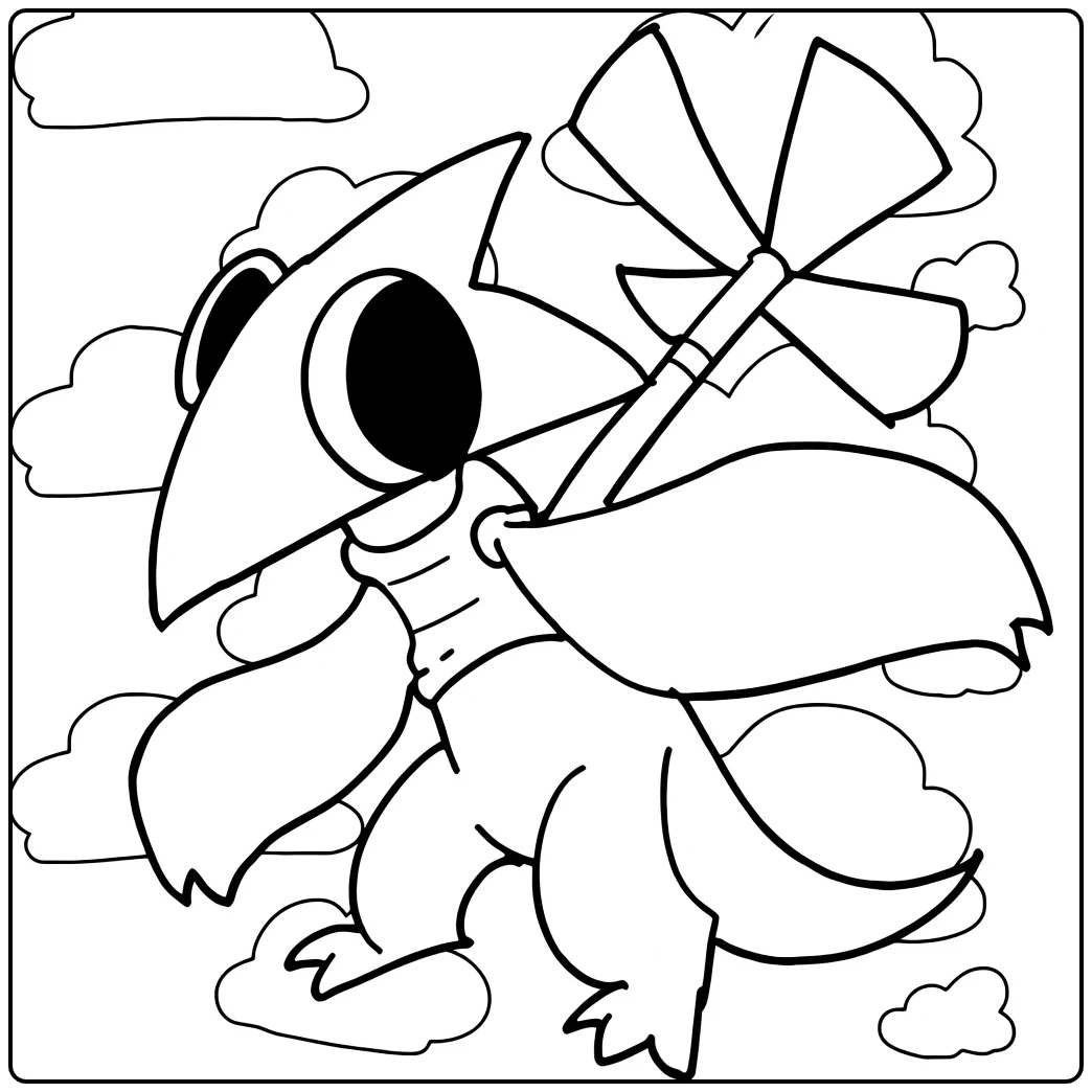 Yellow Rainbow Friends coloring page showing the bird with an umbrella