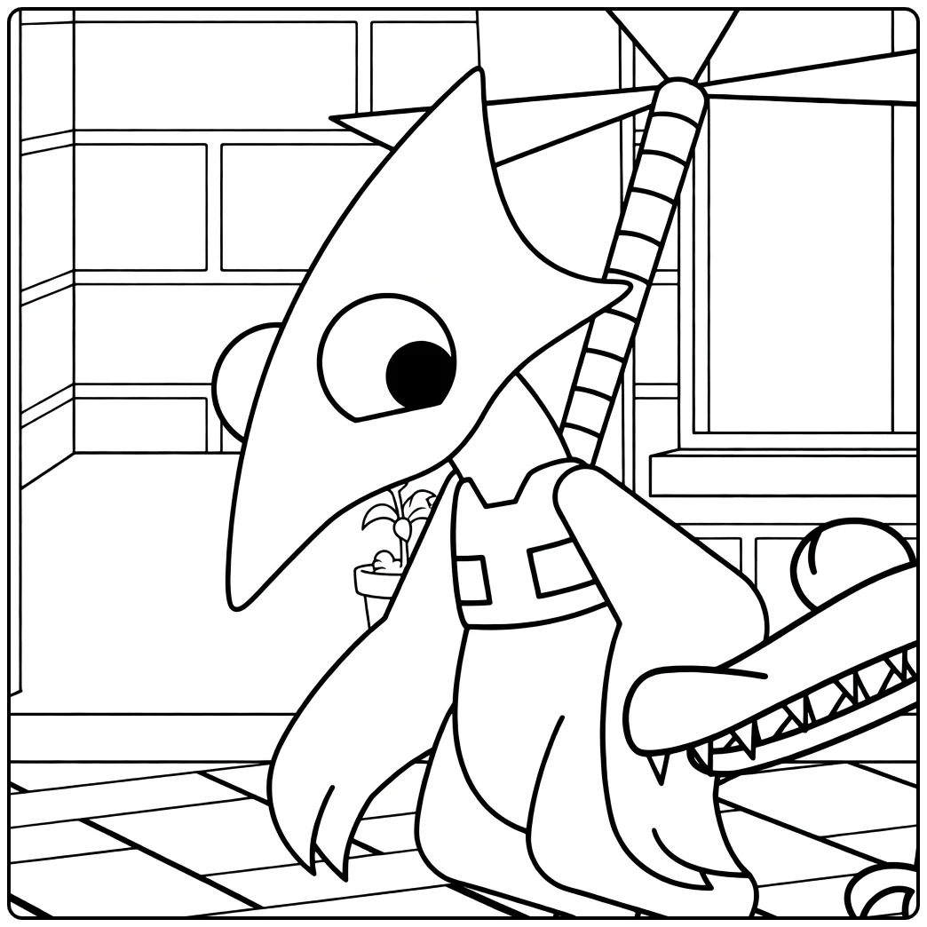 Yellow Rainbow Friends coloring page featuring the bird with a pinwheel