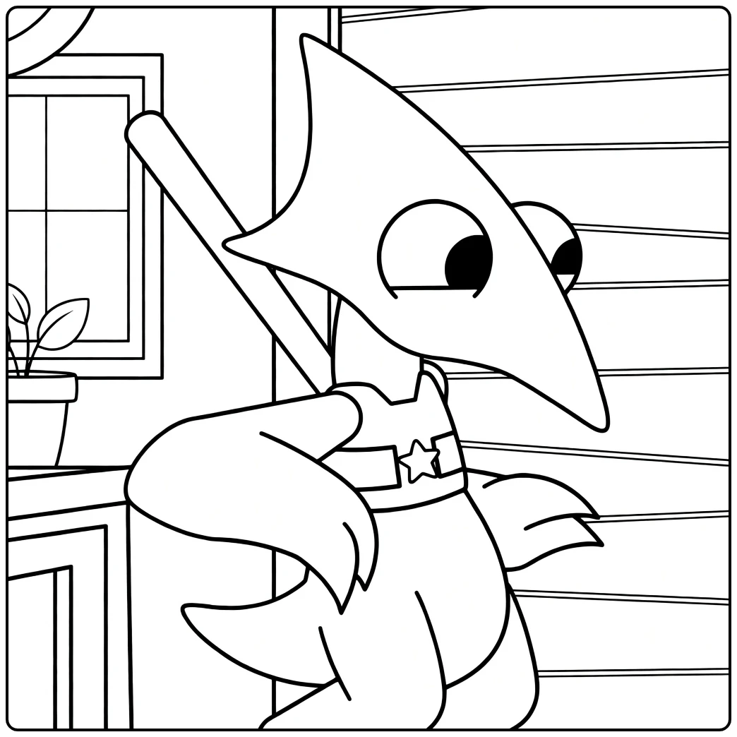 Yellow Rainbow Friends coloring page featuring the bird character indoors