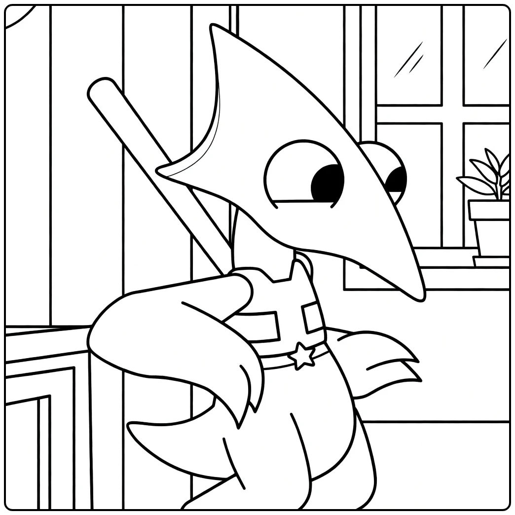 Yellow Rainbow Friends coloring page featuring the bird in a room