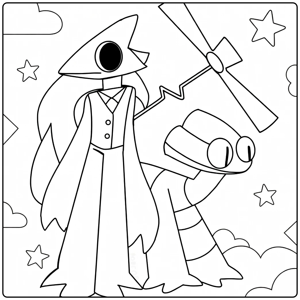 Yellow Rainbow Friends coloring page featuring the bird and a windmill