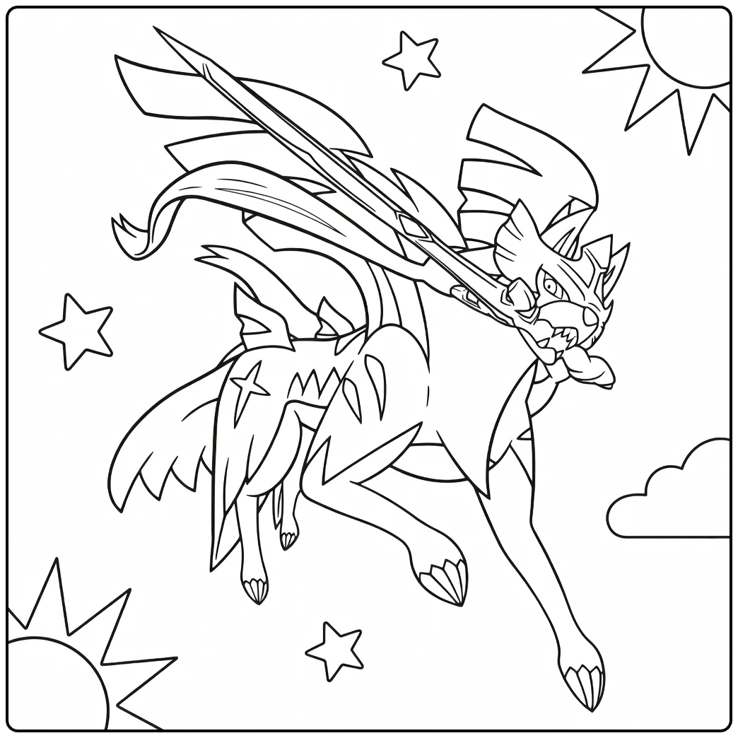 Zacian Crowned Sword in Dynamic Flight with Stars coloring page