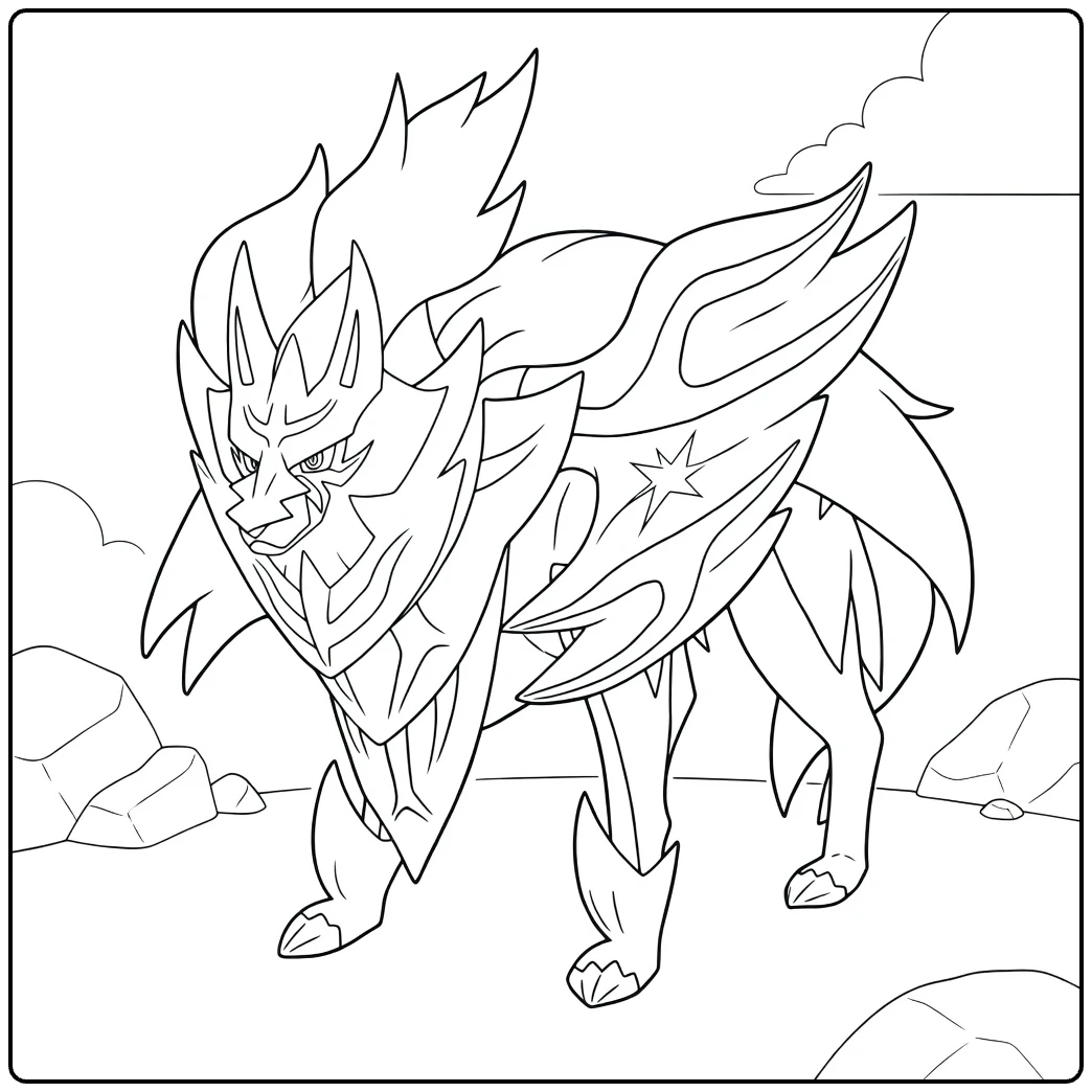Zamazenta Crowned Shield in Tough Pose coloring page