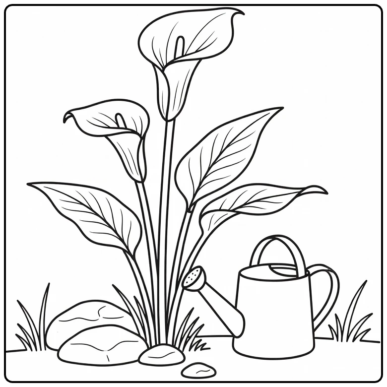 Zantedeschia coloring page featuring flowers and a watering can