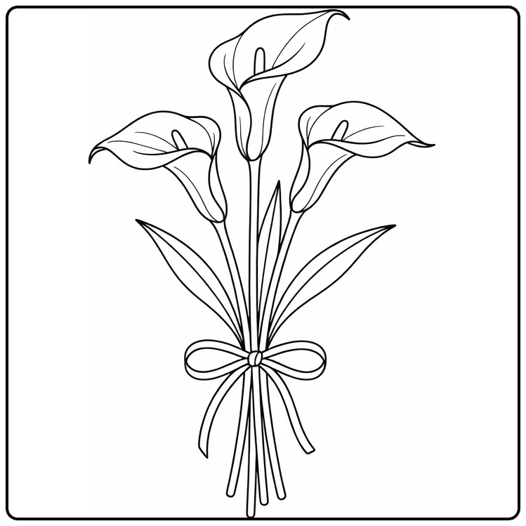 Zantedeschia coloring page showing three flowers in a bouquet