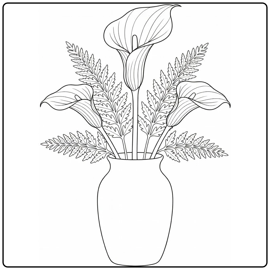 Zantedeschia coloring page showing flowers and ferns in a vase