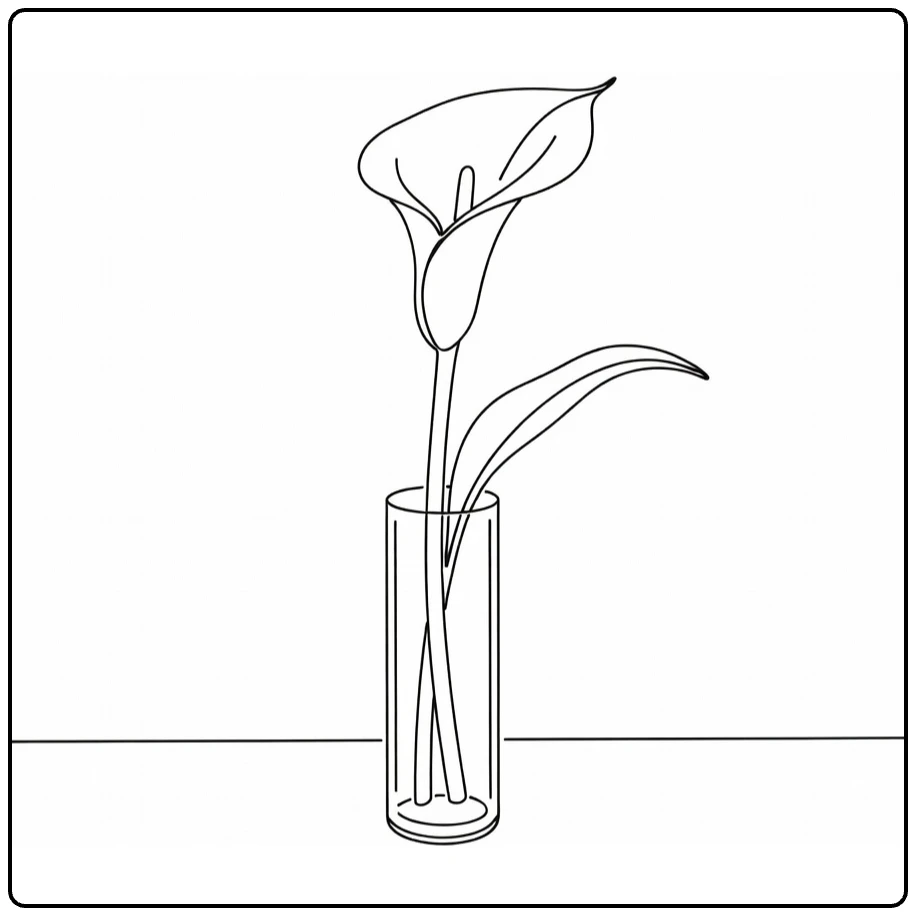 Zantedeschia coloring page showing a single flower in a glass vase
