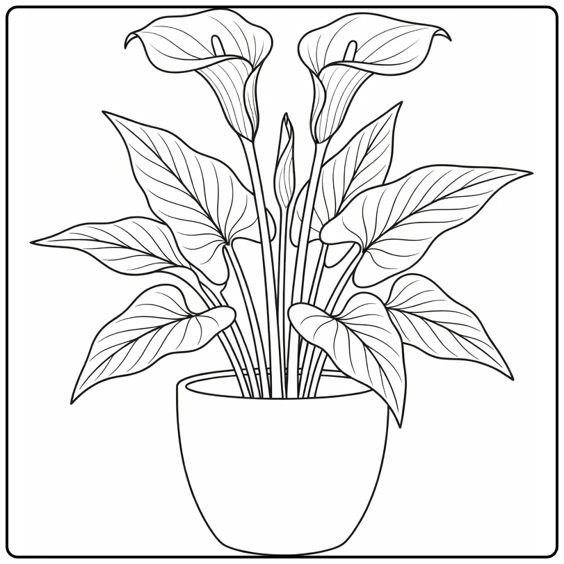Zantedeschia coloring page featuring a potted flowering plant