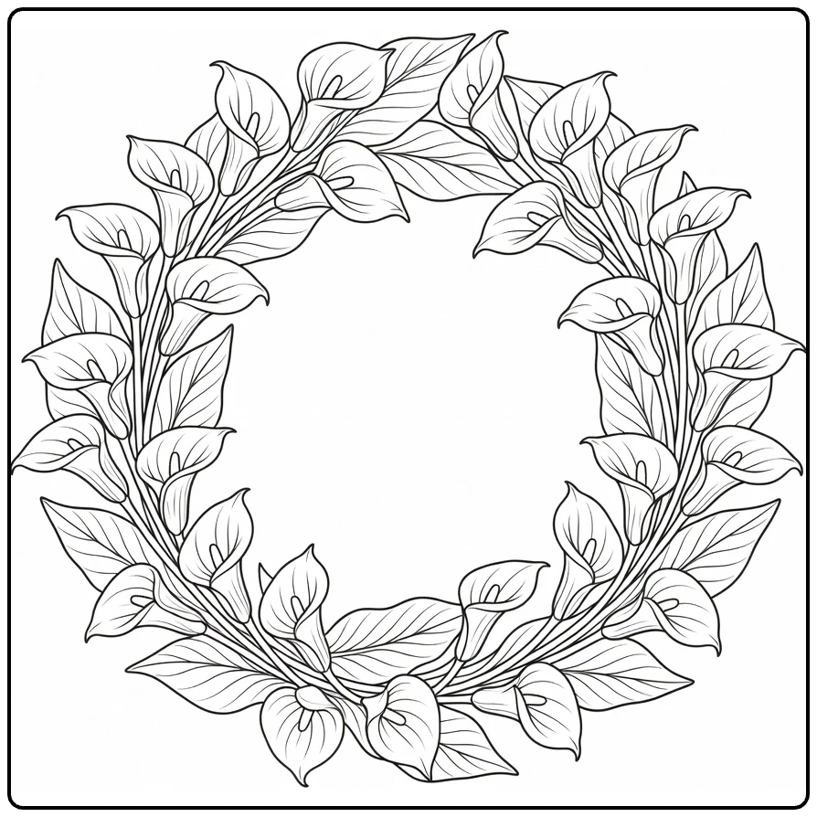 Zantedeschia coloring page showing a wreath of calla-shaped flowers