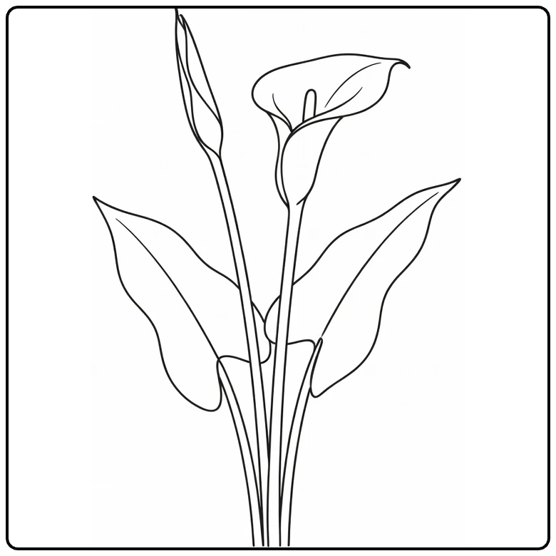 Zantedeschia coloring page featuring an open bloom and closed bud