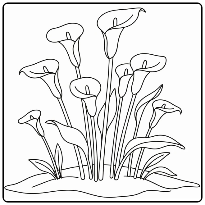 Zantedeschia coloring page featuring flowers in a garden bed