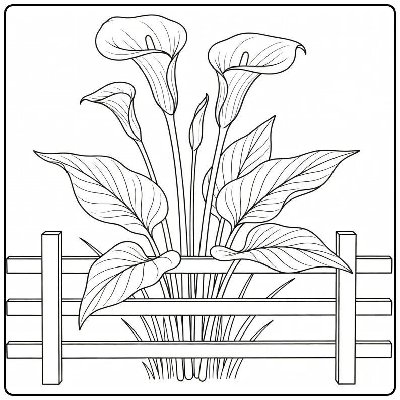 Zantedeschia coloring page showing calla flowers near a wooden fence