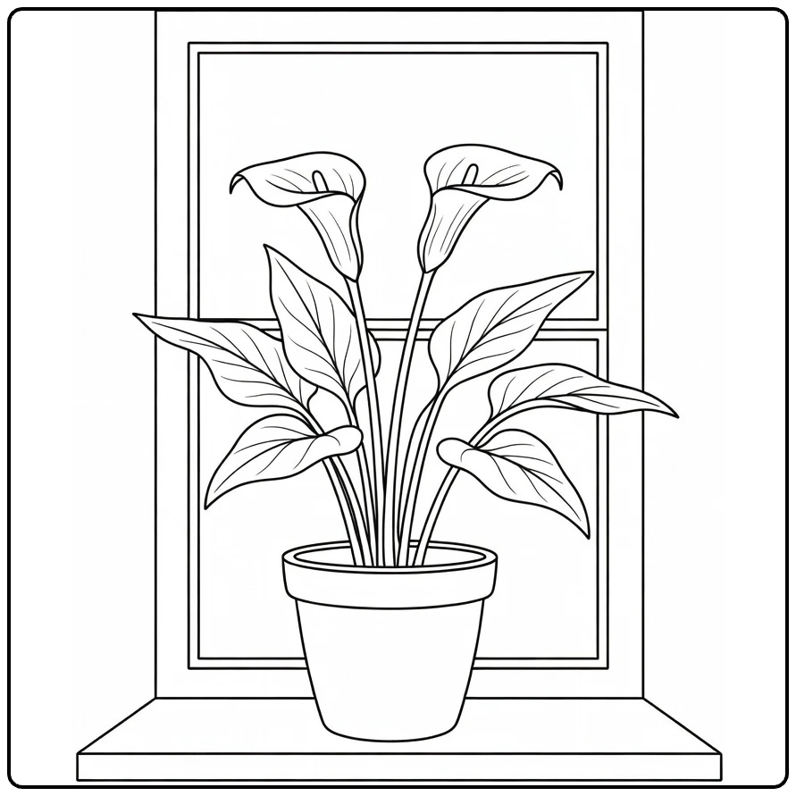 Zantedeschia coloring page featuring a potted plant by a window
