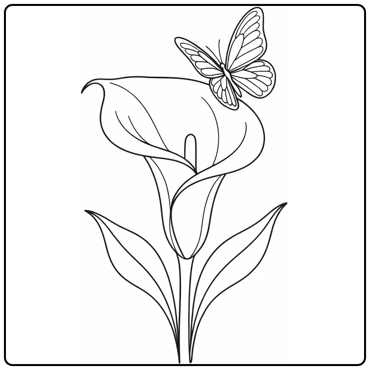 Zantedeschia coloring page featuring a butterfly by the flower