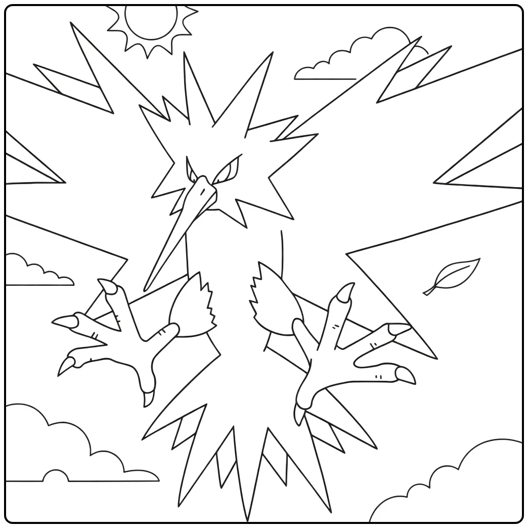 Zapdos in Dynamic Flight with Clouds coloring page