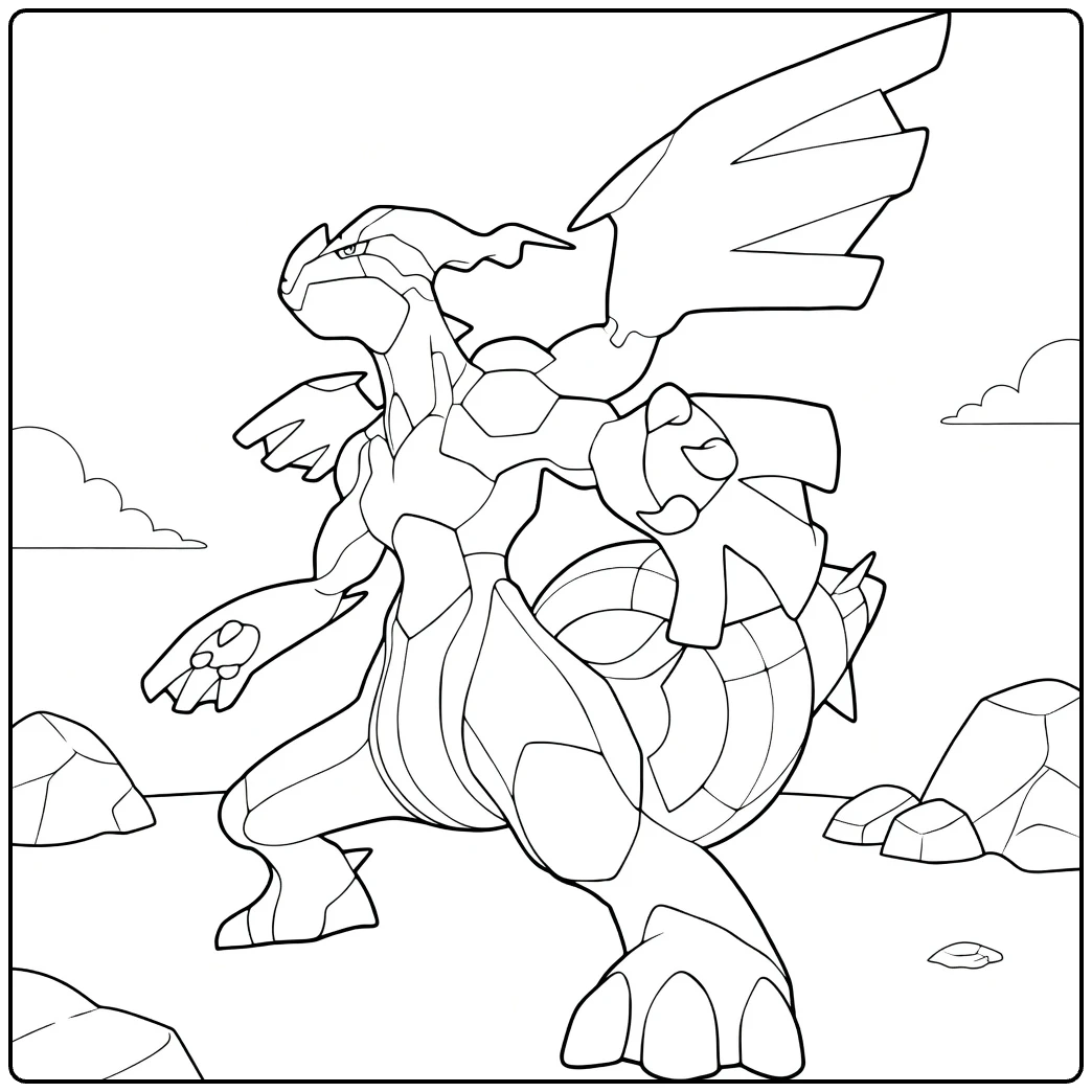 zekrom coloring page on rocks with clouds
