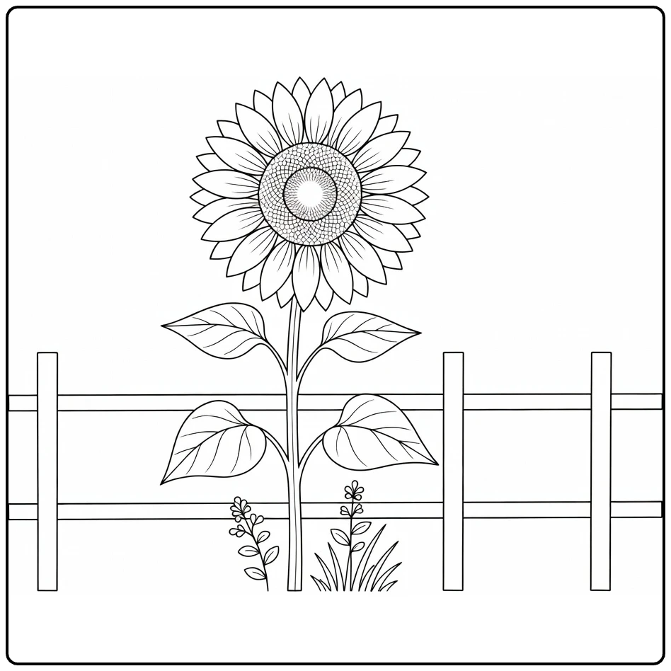 Sunflower coloring page showing a flower by a wooden fence