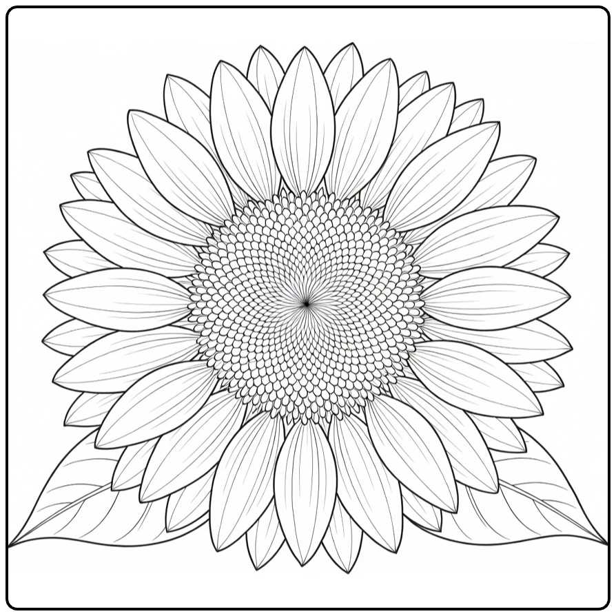 Close-up sunflower coloring page with a detailed center and leaves