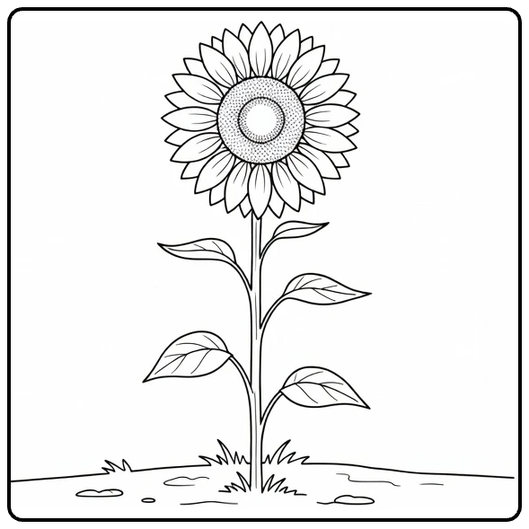 Sunflower coloring page showing a tall flower in a garden