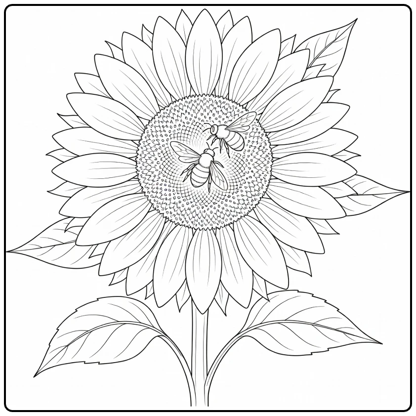 Sunflower coloring page showing a bee on a large flower